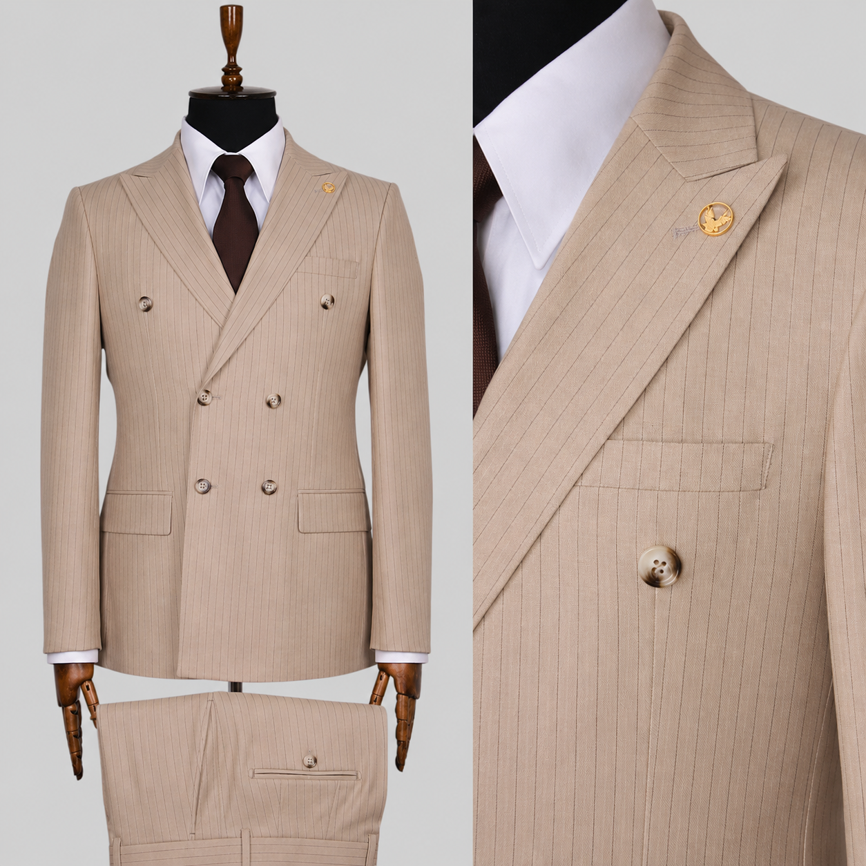Sandstone Elite – 100% Wool Pinstripe Double-Breasted Suit