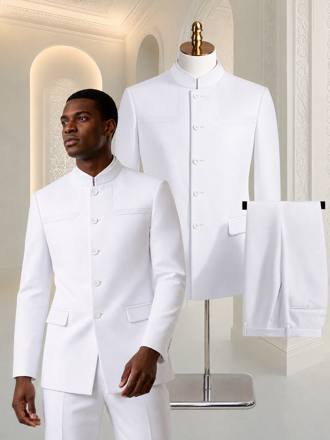 9ville Sovereign Ivory Mandarin Collar Suit