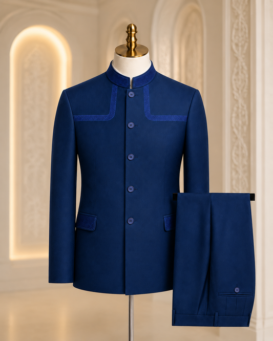 A royal blue men's traditional suit set displayed on a mannequin, featuring a mandarin-collar jacket with matching blue piping and a pair of matching trousers draped over the side, set against a warm, elegant interior background.