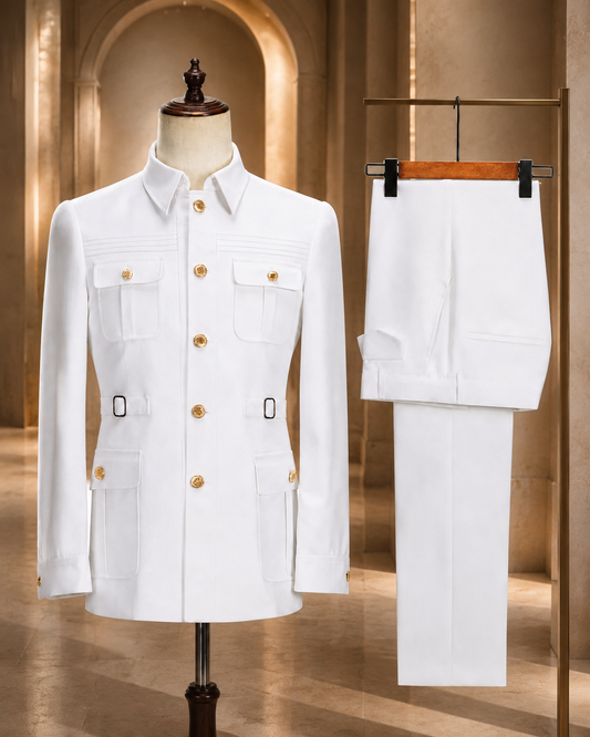 A white military-style jacket displayed on a mannequin next to matching white trousers hanging on a rack, set against a warm, softly lit architectural background.
