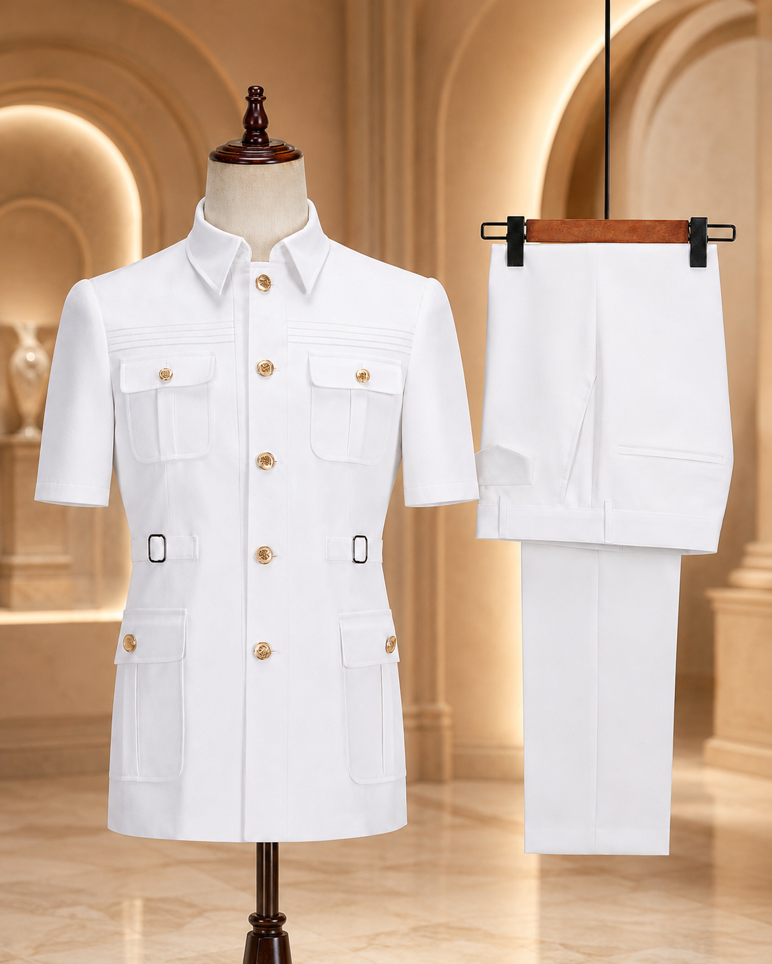 A white short-sleeve double-breasted jacket displayed on a mannequin, paired with matching white trousers hanging on a hanger, set against a warm beige architectural background.