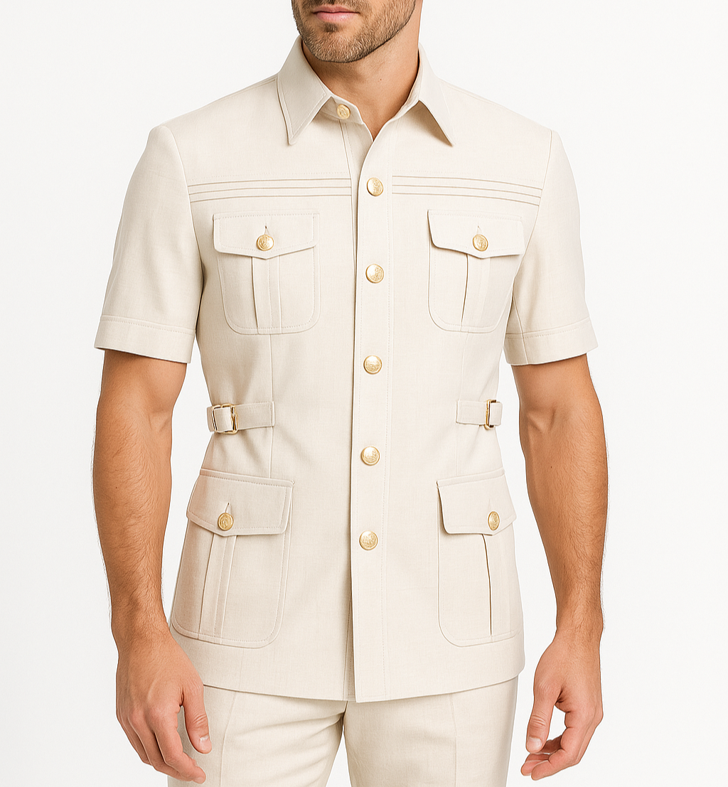 Man wearing a beige short-sleeve shirt with button details on a white background