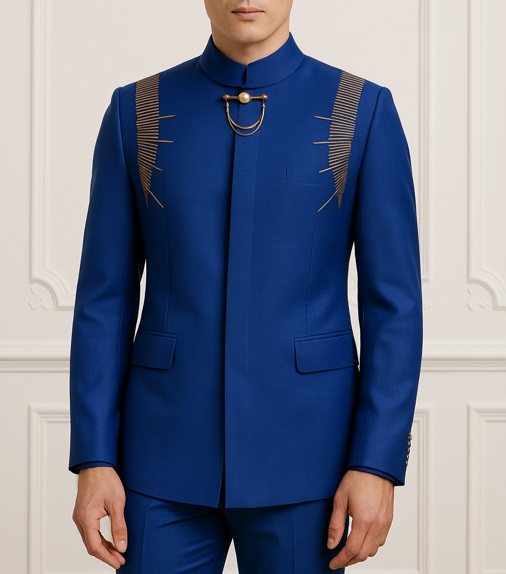 Man wearing a blue suit with decorative elements on a white wall background