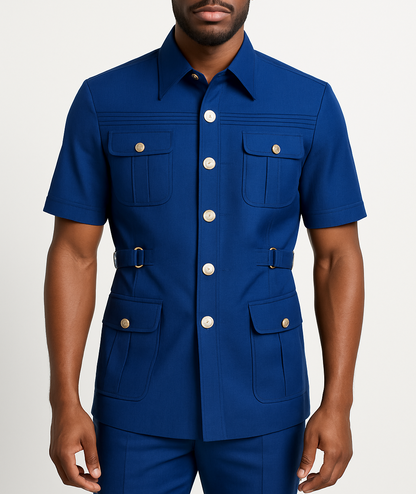 Man wearing a blue short-sleeve shirt with white buttons on a white background