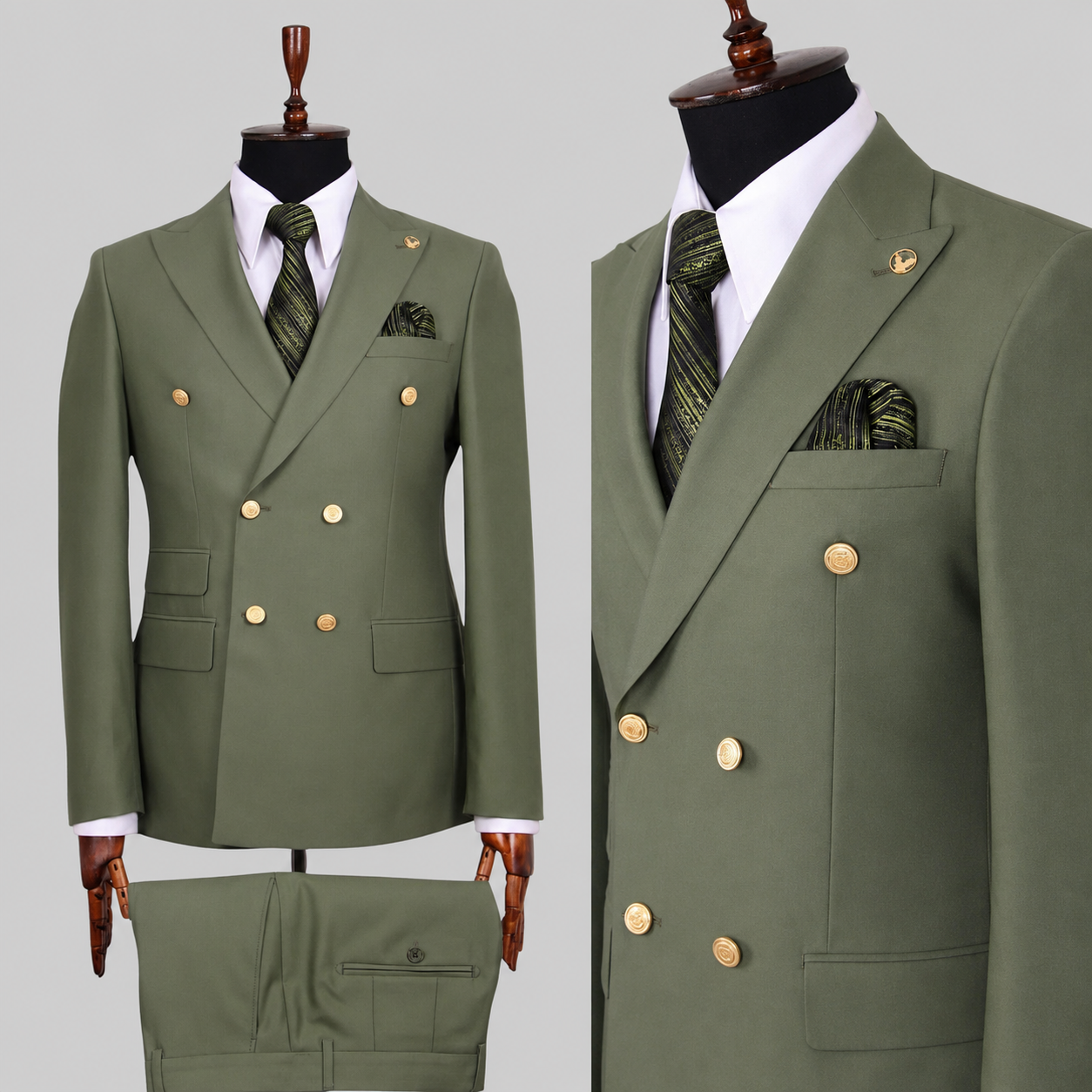 Tuscan Olive – 100% Wool Double-Breasted Suit