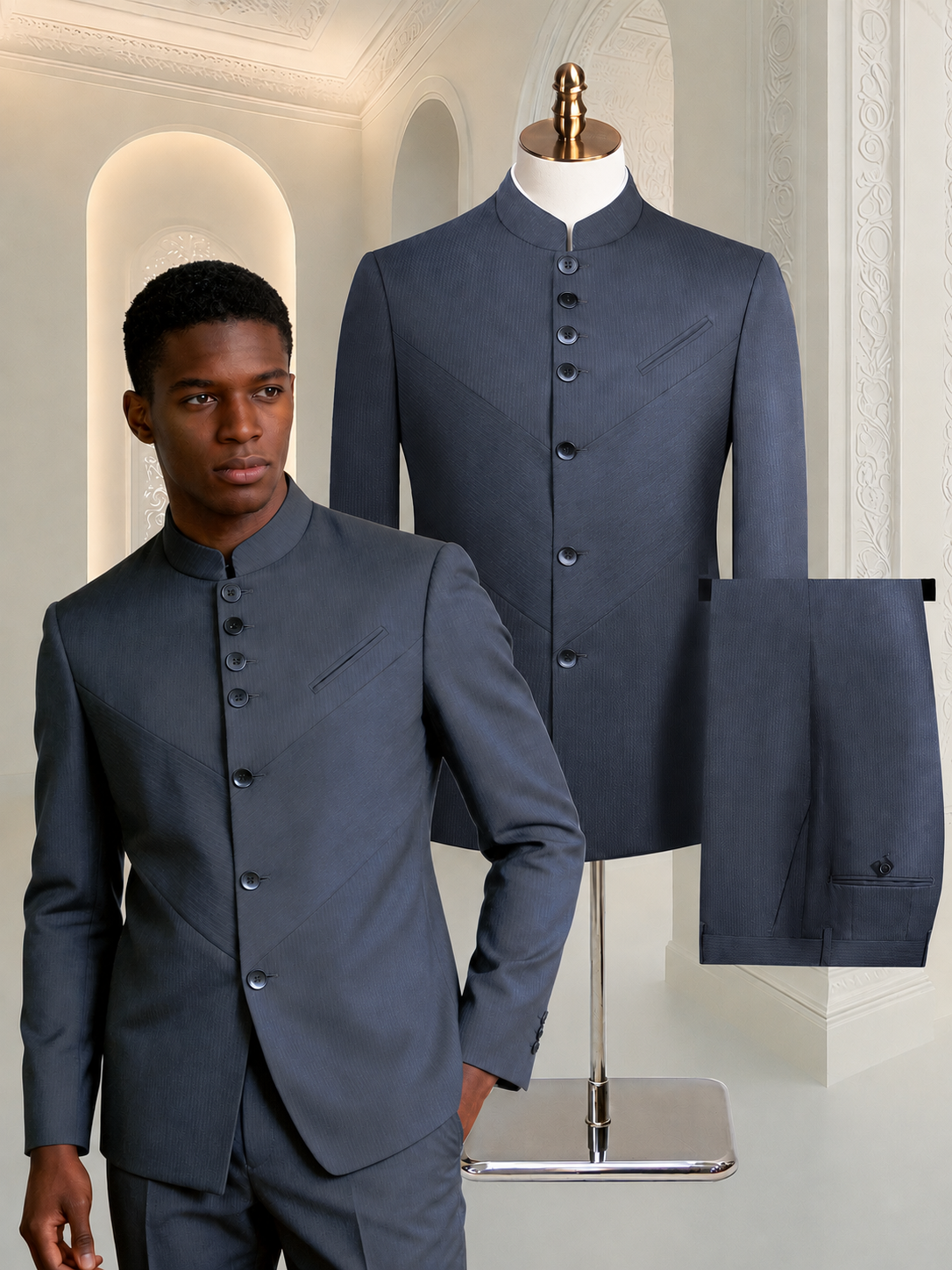 9ville Sovereign Slate Mandarin Collar Suit