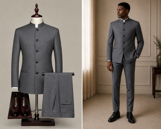 9ville Sovereign Graphite Mandarin Collar Suit