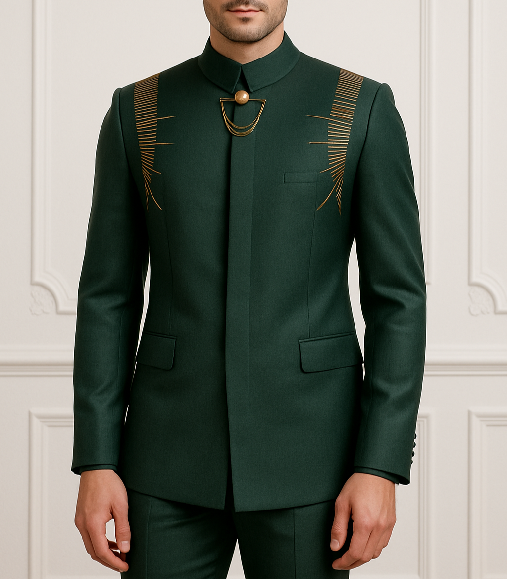 Man wearing a green suit with decorative elements against a white wall