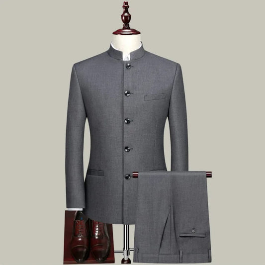 9ville Sovereign Graphite Mandarin Collar Suit